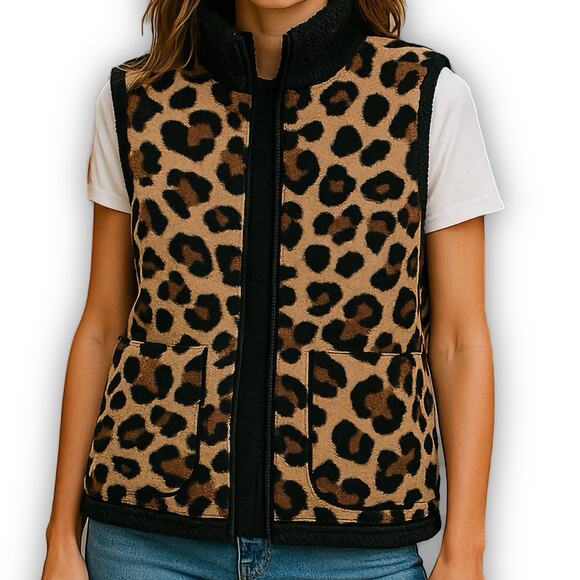 Cuddl Duds Leopard Sherpa Vest Reversible Fleece Brown Black Size M - Picture 1 of 9